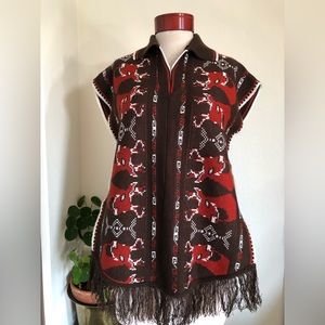 Vintage 70s poncho fringe southwestern sweater 1970s striped collar brown red